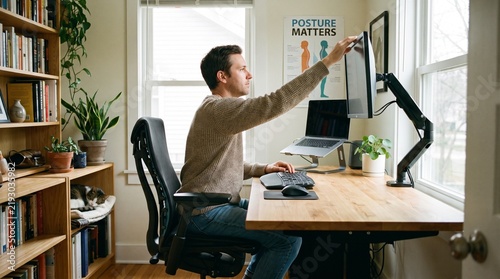 Man adjusting monitor at ergonomic desk in home office. Proper posture and spine health with posture poster on wall. Healthy workspace and remote work ergonomics concept.