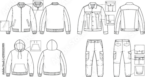 Set of technical fashion sketches for men featuring a bomber jacket denim jacket hoodie and cargo pants with front and back views for apparel design flat vector