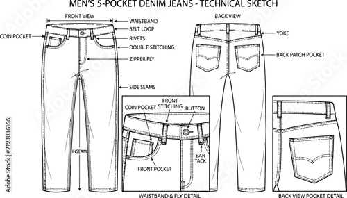 Technical sketch of men five pocket denim jeans showing front and back views with detailed labels for fashion design production and garment manufacturing industry
