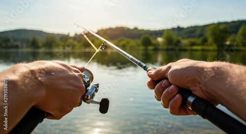 Fishing Action with Rod and Reel in Calm Lake Environment, Outdoor Hobby Activity from First-Person Viewpoint