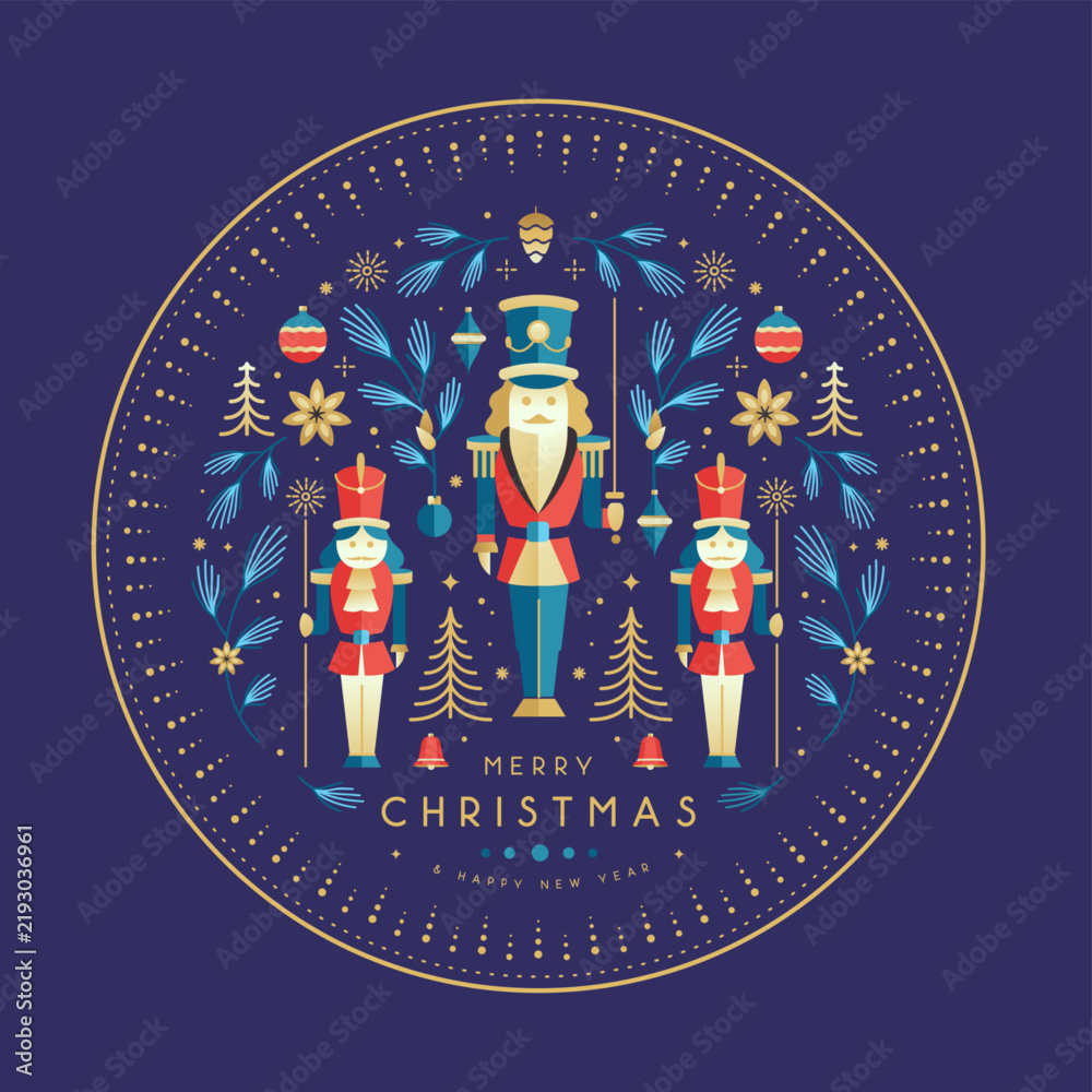 Obraz premium Christmas poster, banner, holiday greeting card or plate design with nutcrackers, Christmas tree and baubles. Tableware Flat design. Vector illustration