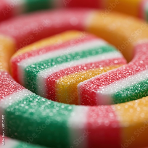 Close-up of Colorful Spiral Gummy Candy with Sugar Coating, Macro Food Photography, Sweet Treat, Vibrant Confectionery Detail