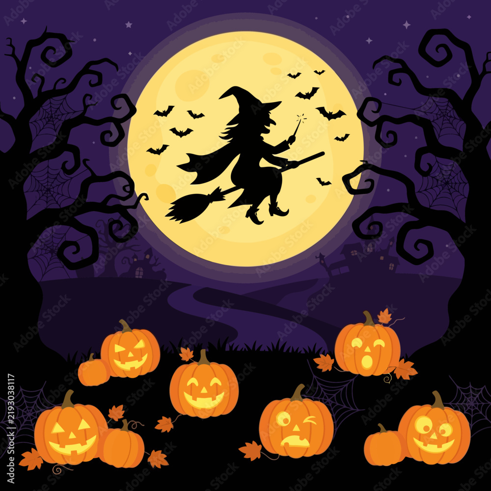Fototapeta premium Spooky Halloween Vector Background with Glowing Pumpkins, Full Moon, Bats, Dark Autumn Trees and Witch Silhouette for October Night Celebration