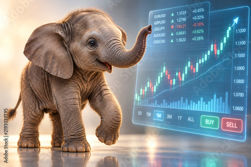 Baby elephant standing beside a rising financial trading chart