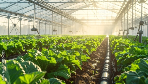 Modern greenhouse facility featuring automated irrigation pipes and rows of lush green plants during sunny morning