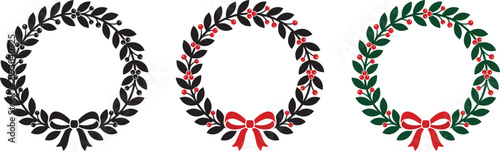 Christmas Wreath Vector Icon Set with Laurel Leaves, Berries, and Ribbon Bow