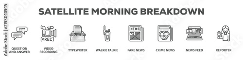 Satellite Morning Breakdown with icon of Question and answer, Video recording, Typewriter, Walkie talkie, Fake news, Crime news, News feed, Reporter