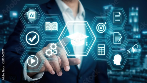 Educator touching a digital interface with artificial intelligence and academic representing modern online learning and development