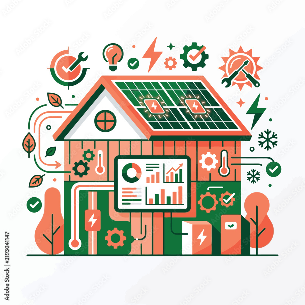 Fototapeta premium Smart Eco-Friendly House with Solar Panels, Energy Monitoring Dashboard, and Sustainable Green Technology Illustration