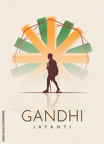 Obraz na płótnie Gandhi Jayanti Poster with Mahatma Gandhi Walking Silhouette and Abstract Indian