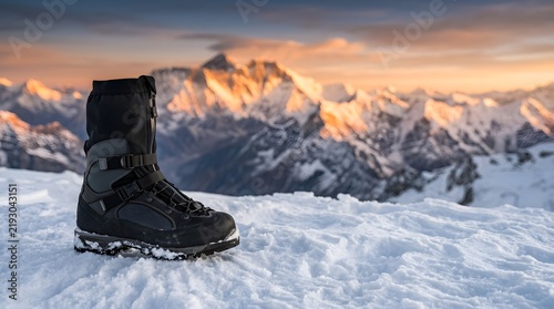 Rugged Black Snow Boot on Snowy Mountain Crest at Dawn