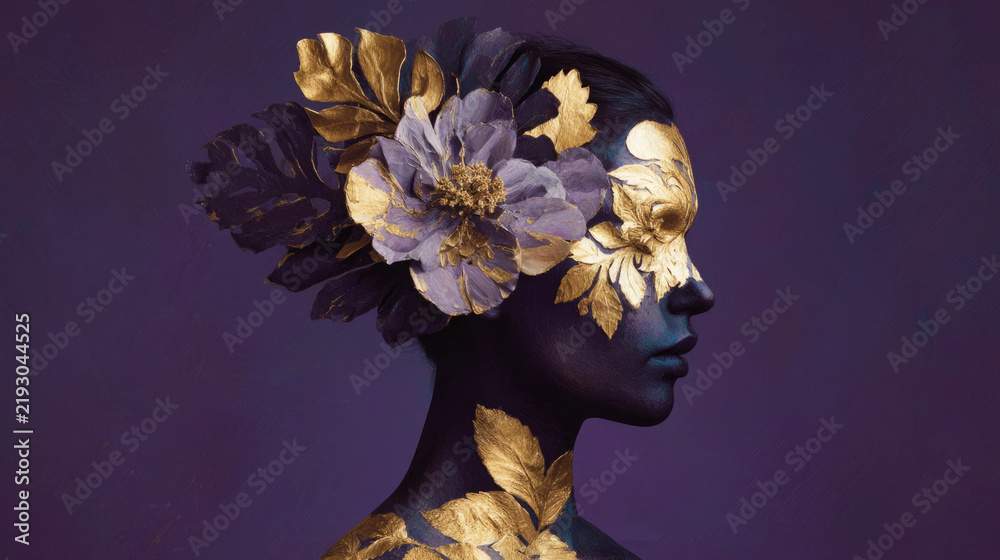 Obraz premium woman silhouette with flower mask and gold foil accents on dark purple background