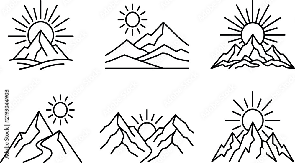 Fototapeta premium Mountain Sunrise Peaks and Hiking Trail Landscape Line Icon Set