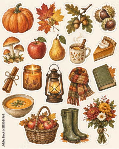 Cozy autumn atmosphere sticker collection featuring charming seasonal elements, warm fall colors, pumpkins, leaves, acorns, mushrooms, candles, hot drinks, sweaters, and other cute autumn details