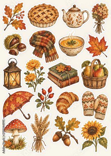 Cozy autumn atmosphere sticker collection featuring charming seasonal elements, warm fall colors, pumpkins, leaves, acorns, mushrooms, candles, hot drinks, sweaters, and other cute autumn details