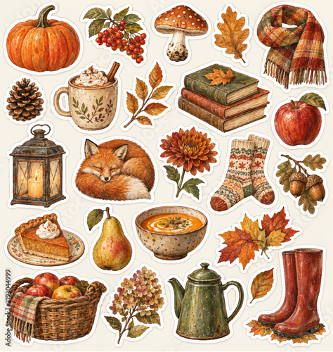 Cozy autumn atmosphere sticker collection featuring charming seasonal elements, warm fall colors, pumpkins, leaves, acorns, mushrooms, candles, hot drinks, sweaters, and other cute autumn details
