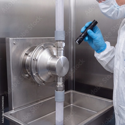 Cleanroom Technician Inspecting Stainless Steel Sanitary Process Pump
