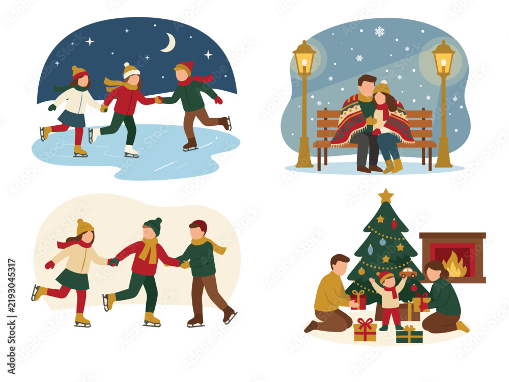Naklejka premium Winter Activities People Set. Winter activities like ice skating, sitting on a snowy bench, and decorating a Christmas tree.