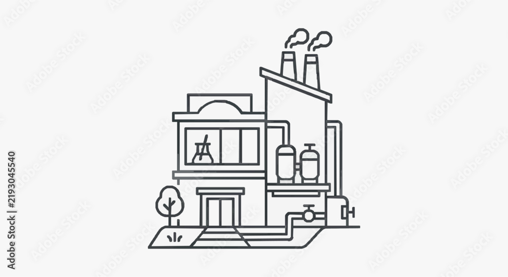 Obraz premium Industrial building with factory chimneys and utility infrastructure line art