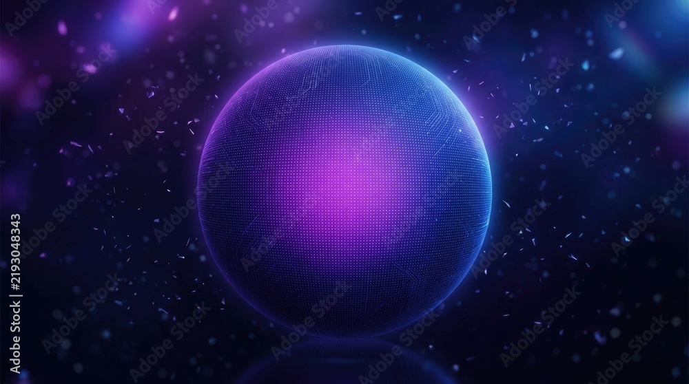 Obraz premium Abstract digital sphere with glowing dots and light particles floating in a dark blue and purple space background