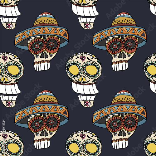 Day of the Dead hand drawn seamless pattern with sugar skulls on black background