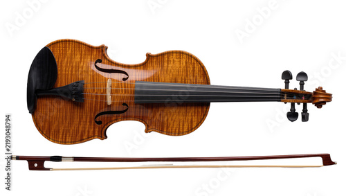 Canvastavla Ornate wooden violin with dark ebony fingerboard and matching bow, isolated on t