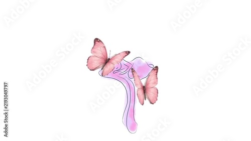Seamless loop animation of two graceful pink butterflies fluttering around a glowing artistic branch structure isolated on transparent background, magical nature motion graphics element for video edit