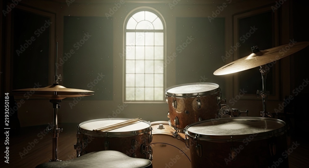Fototapeta premium Acoustic drum kit in atmospheric music studio setting.