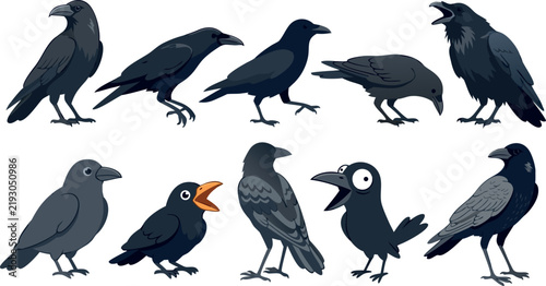 Foto Black Crow and Raven Cartoon Vector Character Set Featuring Various Poses, Flyin