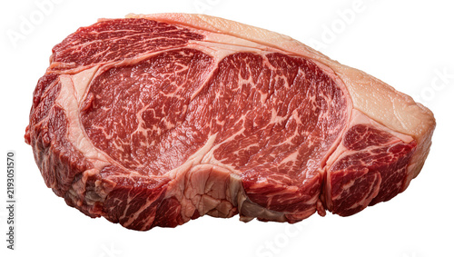 Canvastavla Thick raw marbled ribeye steak with fat cap, isolated on transparent background