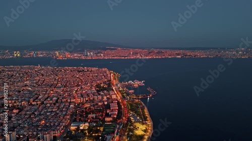 Aerial Drone Shot of Bostanli Ferry Terminal and Coastal Park at Twilight in Izmir