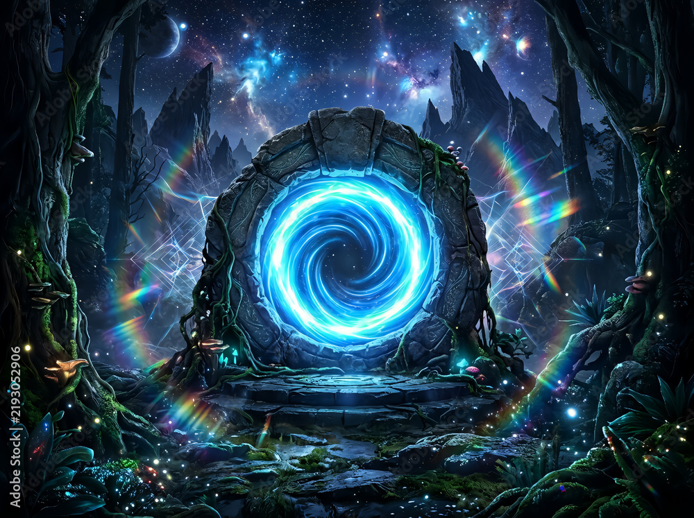Obraz premium Magical portal digital illustration featuring a glowing blue energy vortex in an enchanted fantasy forest