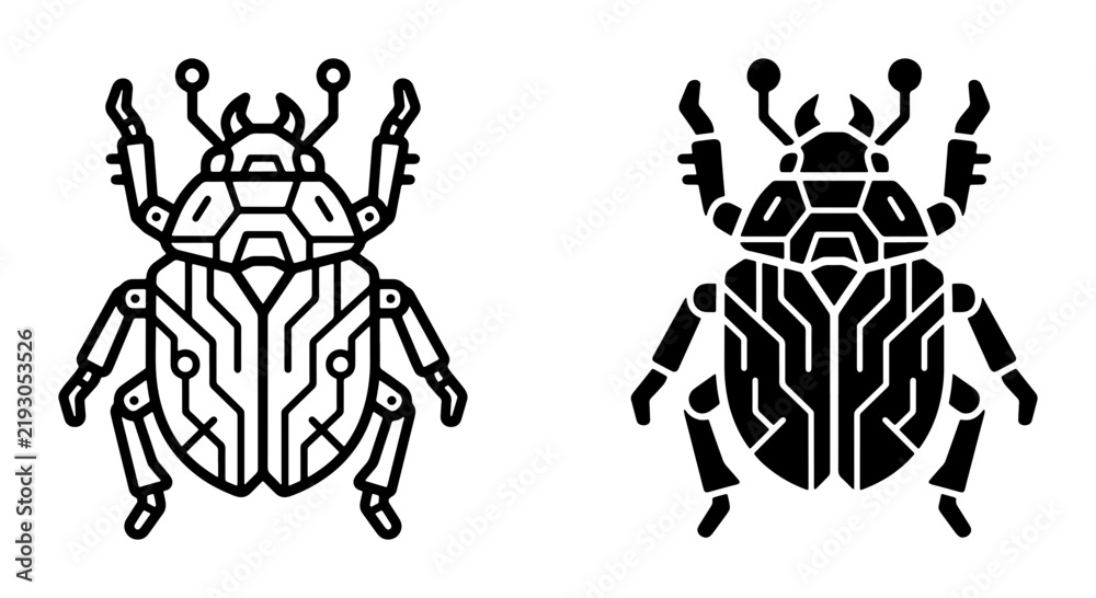 Fototapeta premium Cybernetic Insect Icons, Futuristic Beetle Vector Art, Digital Bug Graphics, Technology Animal Symbol