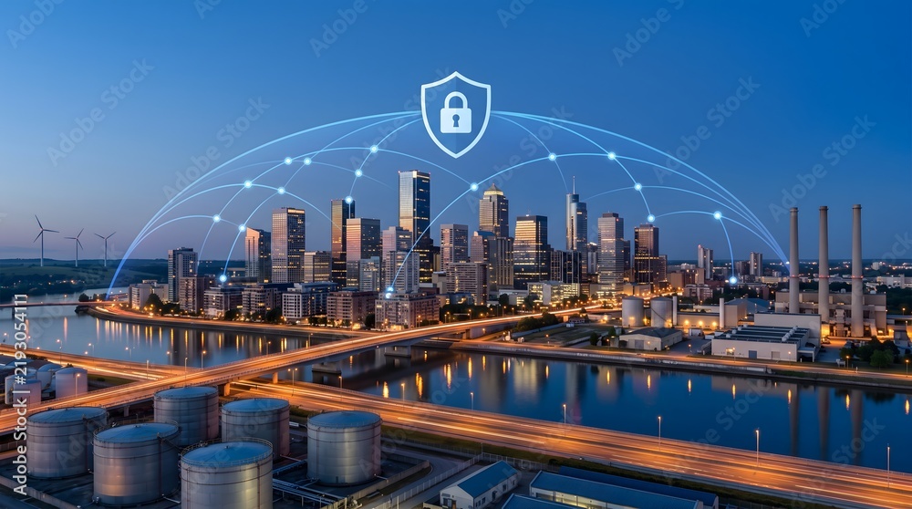 Fototapeta premium Smart city network connectivity with digital security shield over cityscape at dusk illustrating urban technology and data flow.
