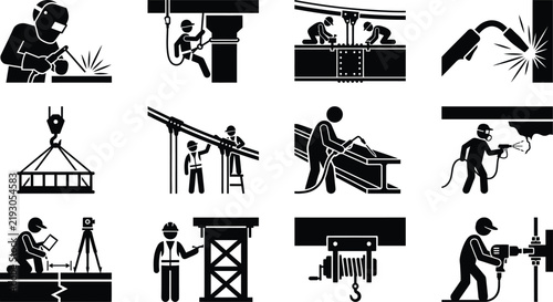 Welder and Steel Construction Worker Icons Set, Metal Fabrication, Welding Torch, Rigging, Structural Beam Assembly, and Industrial Labor Silhouettes Vector