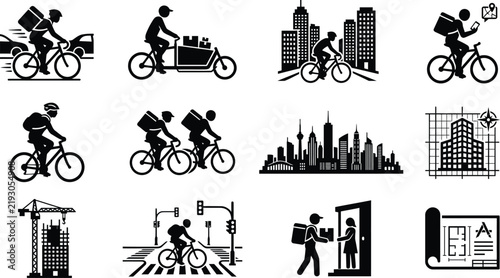 Bicycle Courier and Food Delivery Service Icons Set, Eco Friendly Urban Logistics, City Skyline, Cargo Bike, and Express Shipping Vector Silhouettes