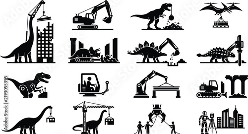 Dinosaur Construction Machinery and Heavy Equipment Icons Set, Prehistoric Cybernetic Crane, Excavator, Bulldozer, and Demolition Work Vector Silhouettes