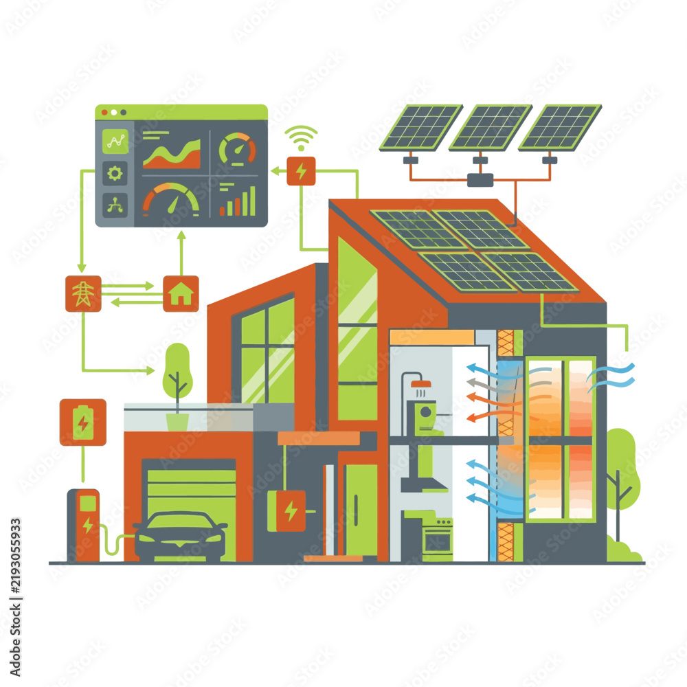 Obraz premium Sustainable Smart Home Energy Management System with Solar Panels, Electric Vehicle Charging Station, and Real-time Monitoring Dashboard Vector Illustration