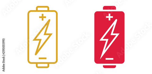 Gold and red battery with lightning bolt symbols, solid and outlined on a white background, for power and, energy concepts