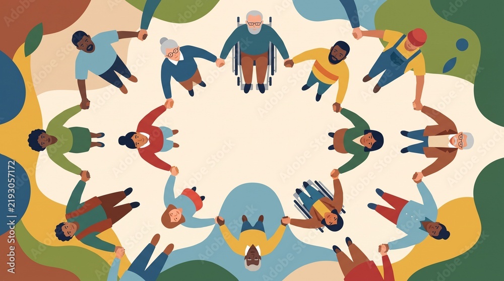 Fototapeta premium Diverse group of people holding hands in a circle representing unity and community.