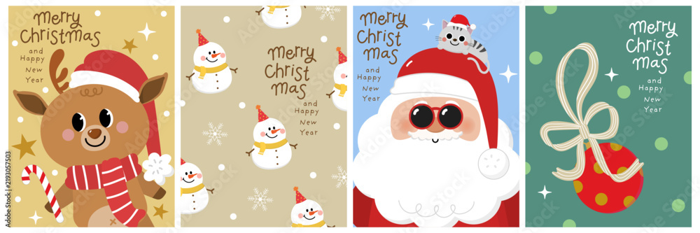 Obraz premium Merry Christmas and happy new year 2027 greeting card with cute Santa Claus, deer and snowman. Holiday cartoon character in winter season. -Vector