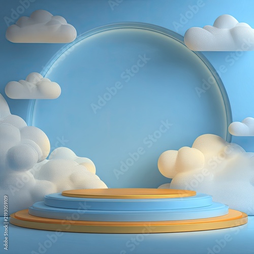 Pastel-colored 3D podium display with clouds