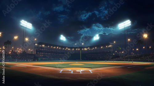 A nighttime baseball stadium, gleaming under bright lights, buzzes with excitement before the game.  It's a perfect sports background for ads.