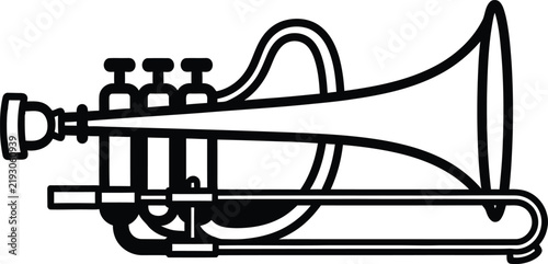 Simple black and white line art illustration of a brass trumpet musical instrument