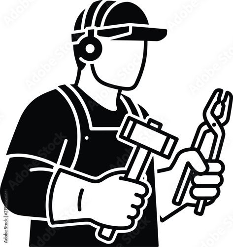 Black and white blacksmith icon holding a hammer and metal tongs