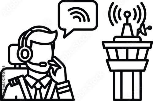 Air traffic controller wearing headset talking to airport control tower icon