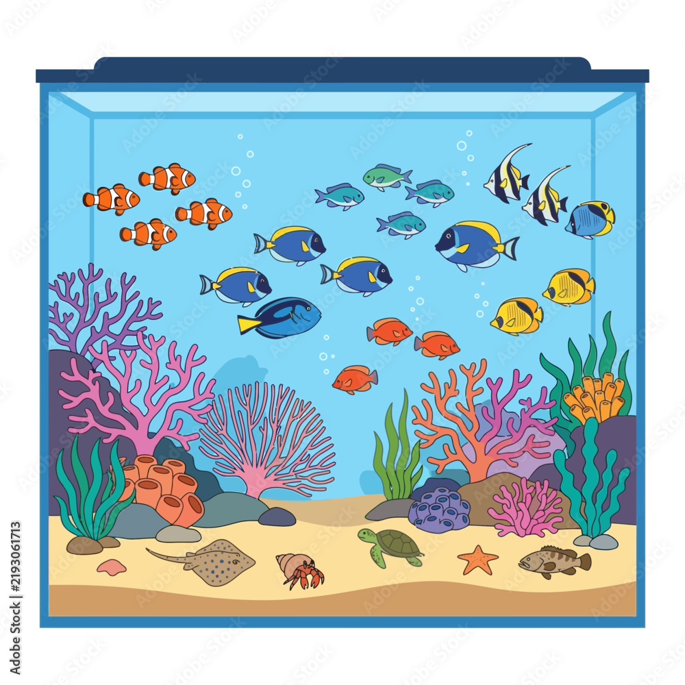 Fototapeta premium Vibrant Tropical Fish Tank Illustration with Coral Reef and Marine Creatures