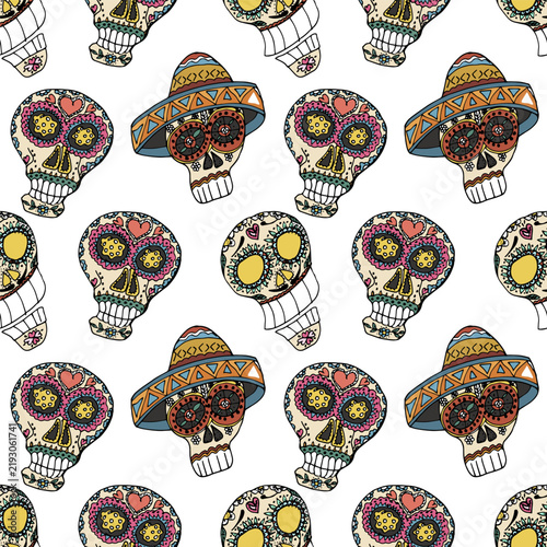 Day of the Dead hand drawn seamless pattern with sugar skulls