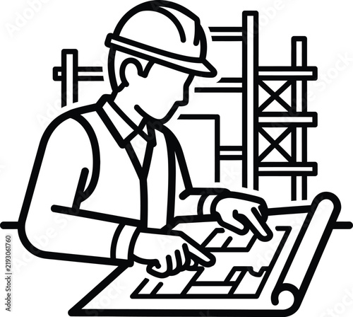 Construction engineer looking at blueprints at a building site icon