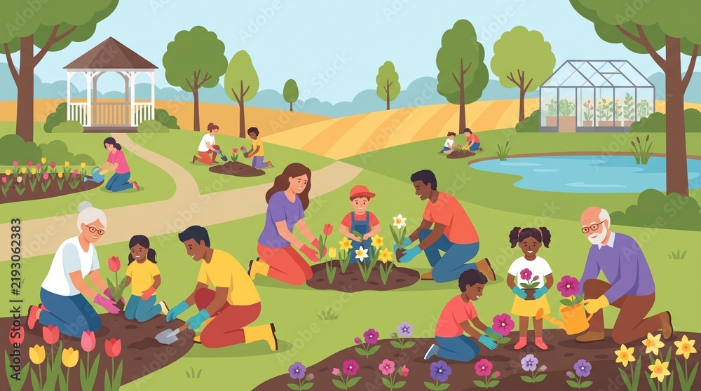 Fototapeta premium Diverse families and friends enjoying gardening together in a park setting.